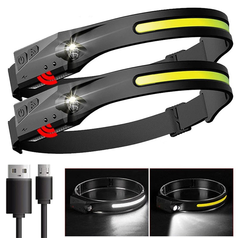 LED Headlamp COB Head Lamp with Built-in Battery Flashlight USB Rechargeable Head Torch 5 Lighting Modes Weatherproof Head Light