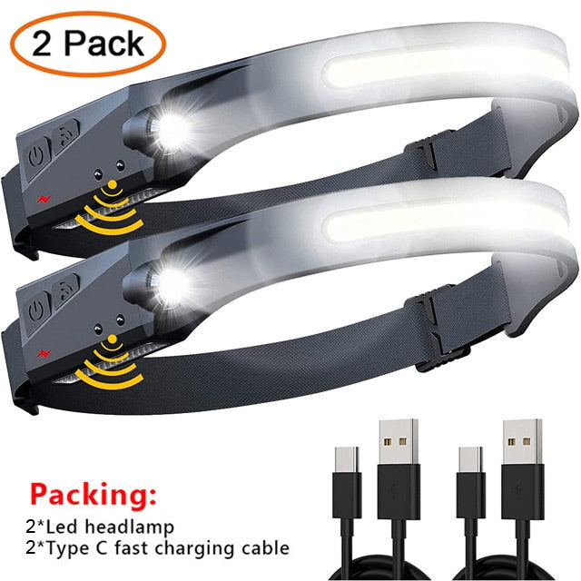 LED Headlamp COB Head Lamp with Built-in Battery Flashlight USB Rechargeable Head Torch 5 Lighting Modes Weatherproof Head Light