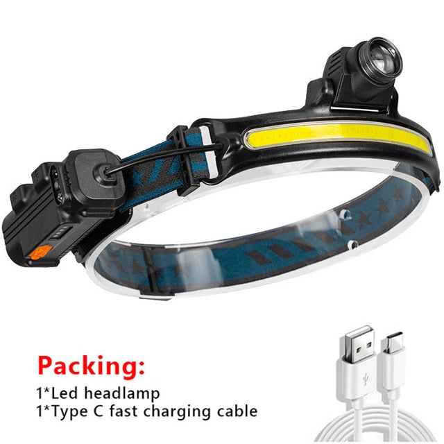 LED Headlamp COB Head Lamp with Built-in Battery Flashlight USB Rechargeable Head Torch 5 Lighting Modes Weatherproof Head Light