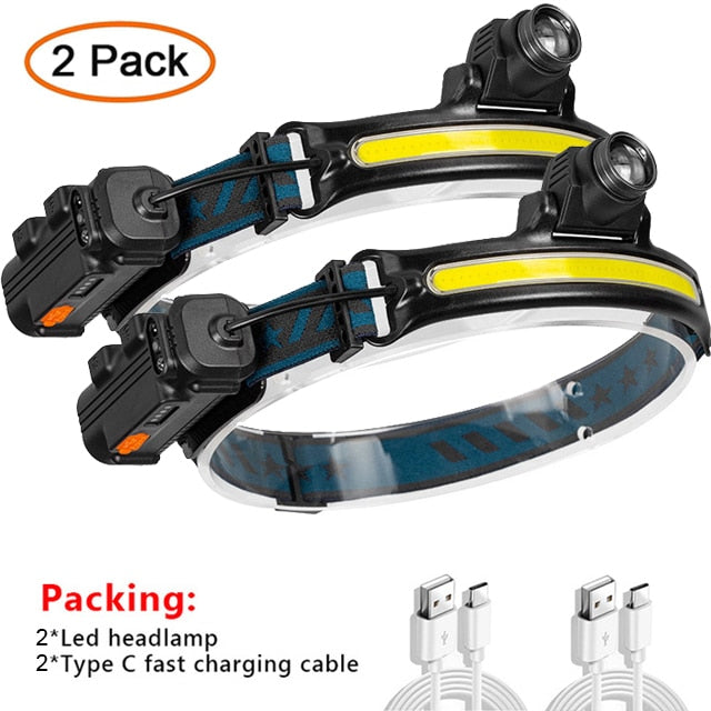 LED Headlamp COB Head Lamp with Built-in Battery Flashlight USB Rechargeable Head Torch 5 Lighting Modes Weatherproof Head Light